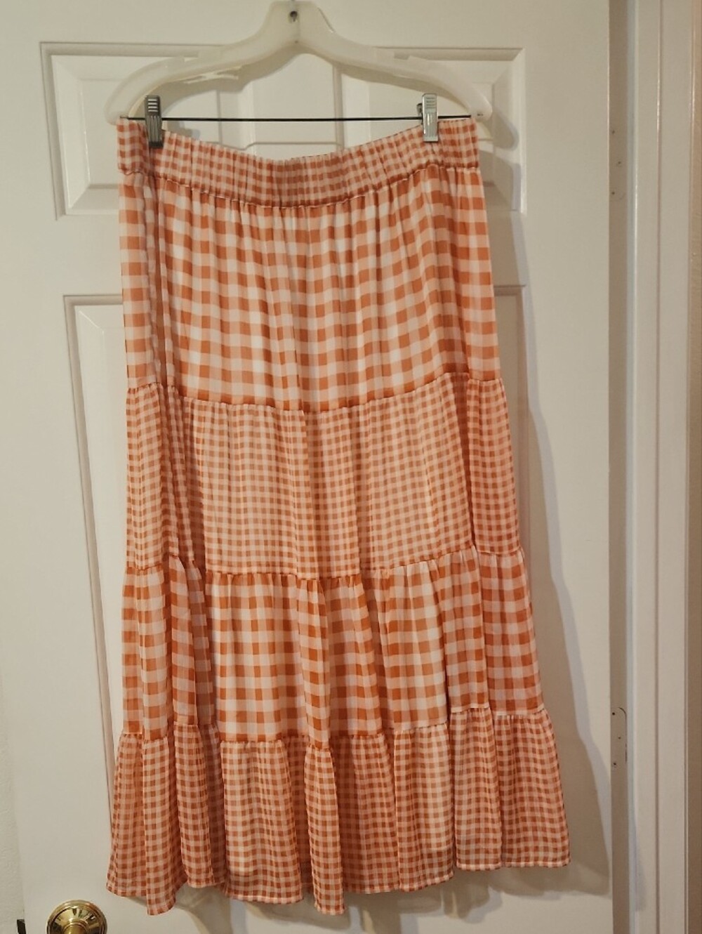 Tiered Gingham Midi Skirt in Coral